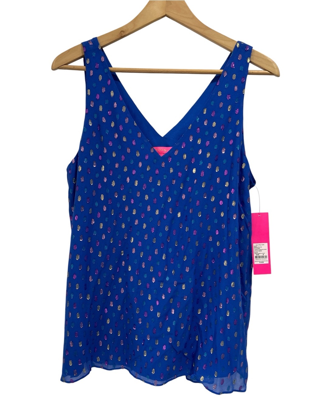 NWT Lilly Pulitzer Florin Silk V-Neck Top in Iris Blue Moroccan Metallic Clip M